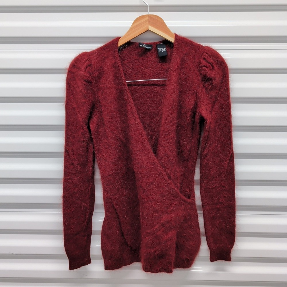Moda International Sweater Small‎ Womens Burgundy Angora Rabbit Hair Fuzzy Wrap